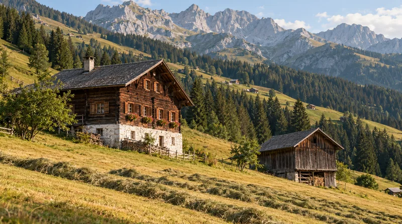 Walserhof aus dunklem Holz auf gemauertem Sockel, daneben ein eigener Heustall an einem steilen Bergmähder in Vorarlberg