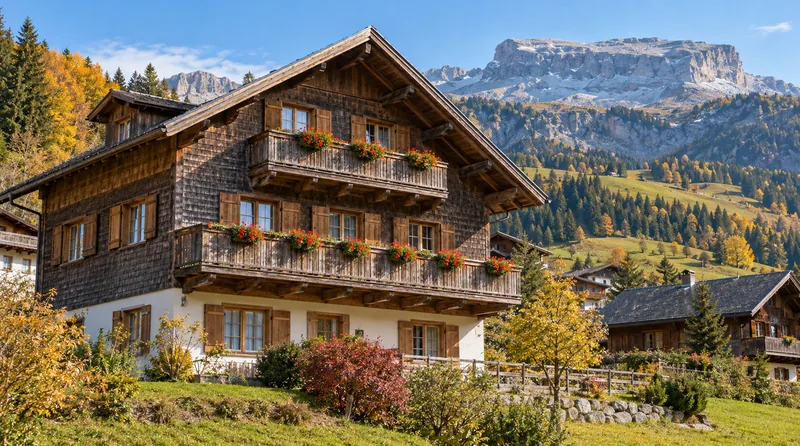 Walser Holzhaus mit Balkonen in Mittelberg im Kleinwalsertal, im Hintergrund der Hohe Ifen